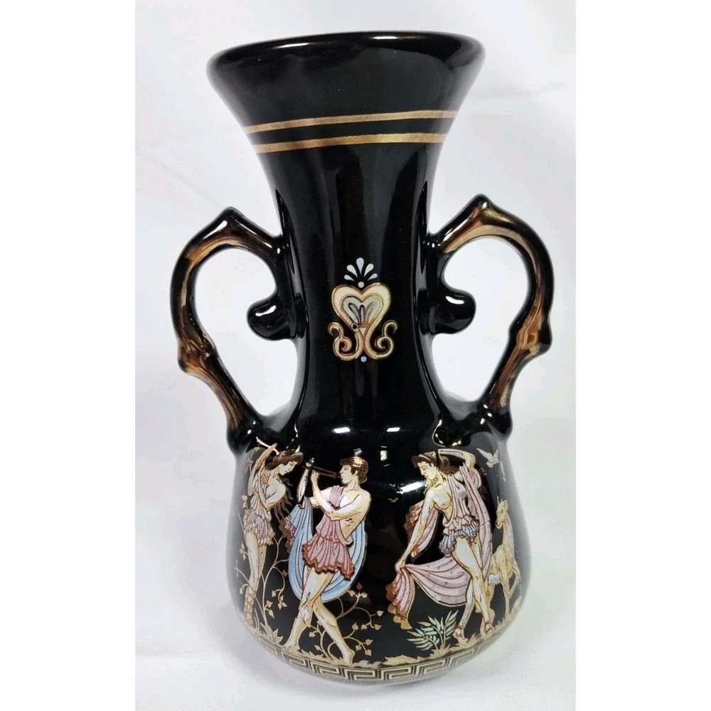 Vintage Greek Mythology Black Gold Amphora Vase‎ Double Handle Urn Harp Greece